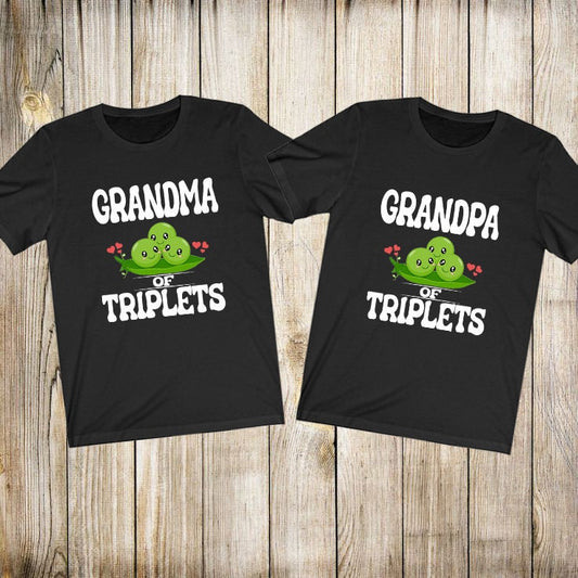 Grandma grandpa of triplets peas matching family announcement tee