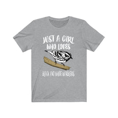 Just a girl who loves black white warblers zebra-striped songbird tee