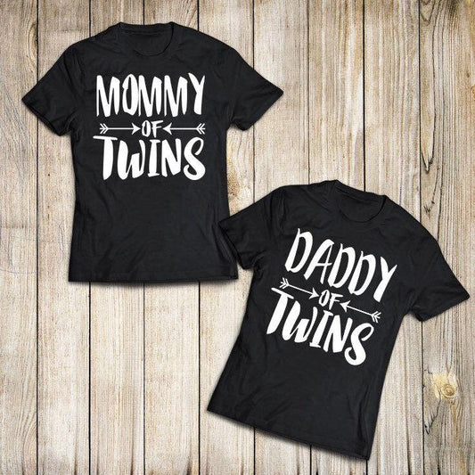 Mommy daddy of twins matching family announcement tee for couple