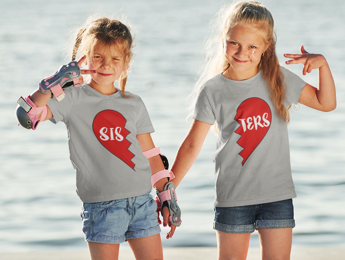 Sisters Girls Siblings Heart Adult Kids Twins Love Family Matching Gift T-Shirts Image 1
