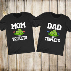 Mom dad of triplets matching family announcement tee for couple