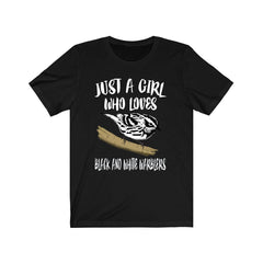Just a girl who loves black white warblers zebra-striped songbird tee
