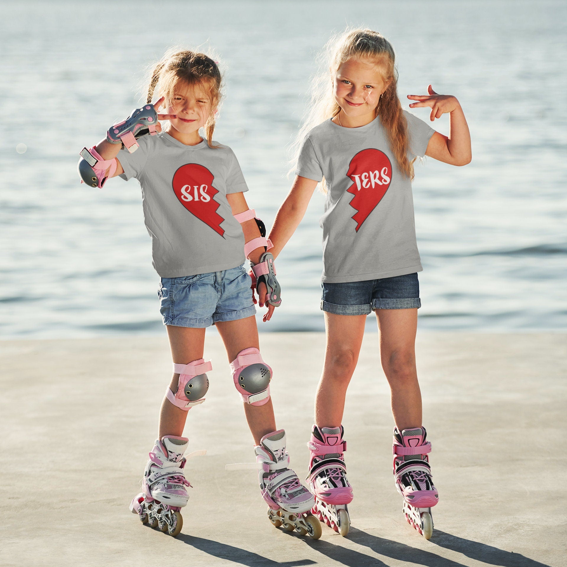 Sisters Girls Siblings Heart Adult Kids Twins Love Family Matching Gift T-Shirts Image 2