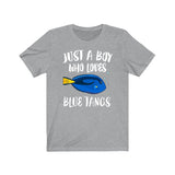 Just A Boy Who Loves Blue Tangs Shirt, Blue Tang Lover Shirt, Fish Shirt, Fish Lover Gift, Animal Adult Toddler Kids T-Shirt Image 1