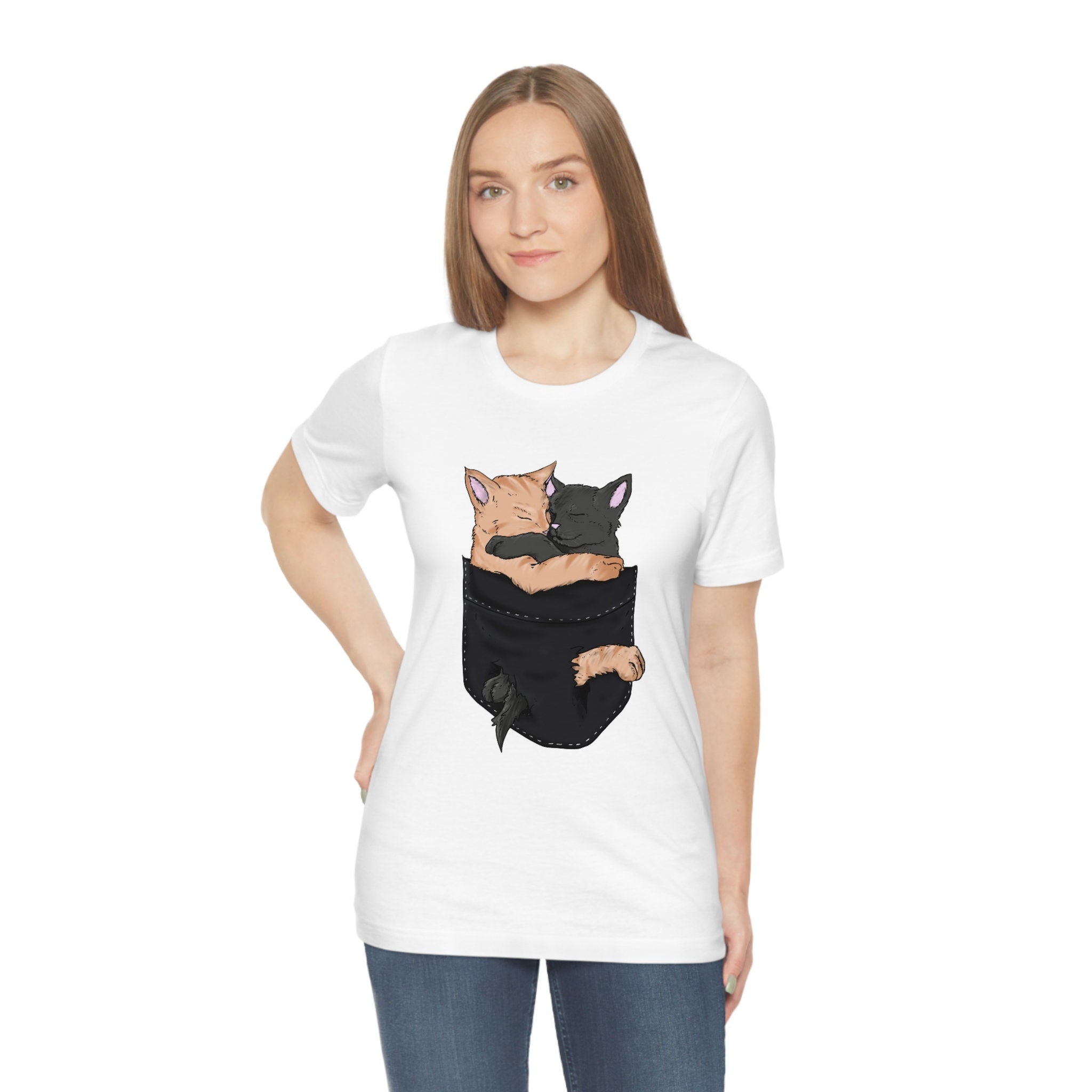 Cats Hugging In Pocket Love Shirt, Cat Lover Shirt, Cute Cat Shirt, Cat Funny Shirt, Girl Boy Cat Lover Gift, Cat Girl T-Shirt Image 1